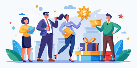 Fototapeta premium Rewarding Excellence: Boss Hands Bonus Cash with Ribbon to High-Performing Employee, Recognizing Exceptional Work