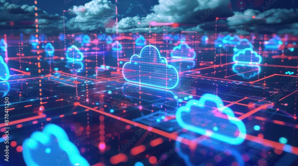 Poster digital cloud infrastructure futuristic network visualization in cyberspace technology concept art