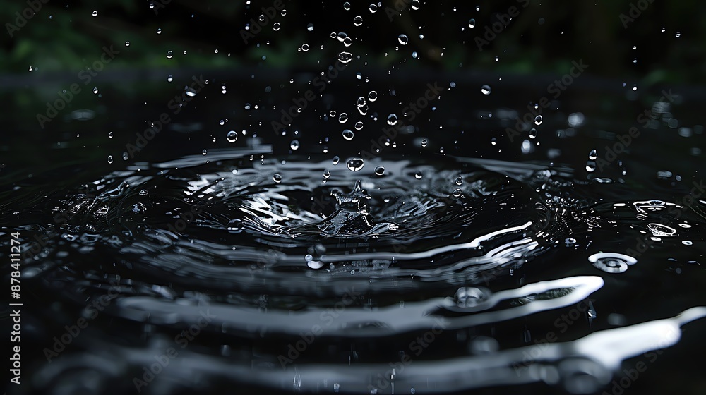 Poster close-up of raindrops creating ripples on calm water surface in a natural setting, reflecting a sere
