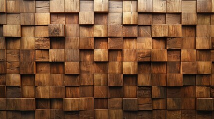 Fototapeta premium Timber wood wall with tiles, featuring a soft sheen and square blocks, rendered in 3D for a modern aesthetic.
