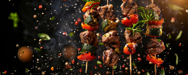Fototapeta premium Grilled lamb kebabs with vegetables, flying in the air with herbs and spices.