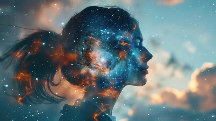 double exposure of woman and universe galaxy nebula meditation and contemplation concept illustration