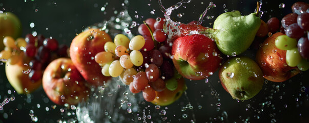 Freshly picked apples, pears, and grapes, floating in the air with water splashes, emphasizing their crispness and natural sweetness.