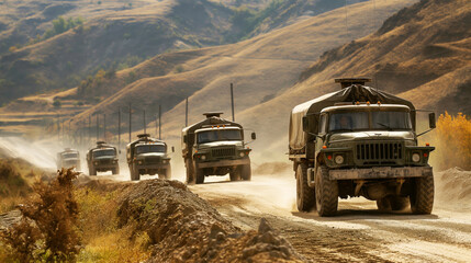 A convoy of military trucks driving on a dusty rural road in a hilly landscape.