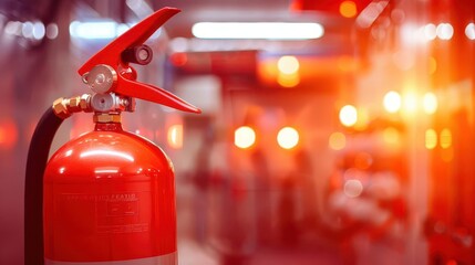 dramatic image of a bright red fire extinguisher in sharp focus against a blurred fire station background emergency lighting creates an atmosphere of readiness and safety