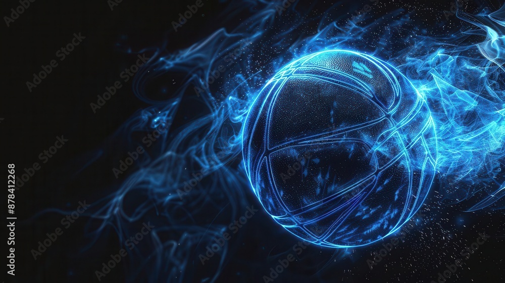 Poster dynamic 3d render of a basketball with glowing neon blue lines against a black background trails of 