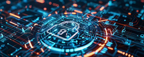 Fototapeta premium Futuristic cyber security theme with a padlock icon in the center, encircled by circuit patterns and digital encryption codes.
