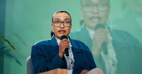 Conference, forum or speech and public speaking woman with microphone on stage for development...