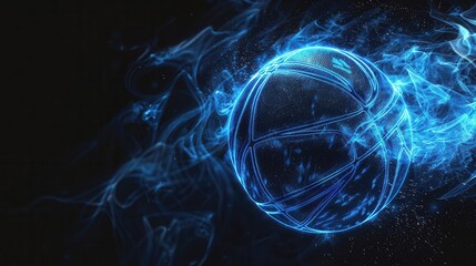 dynamic 3d render of a basketball with glowing neon blue lines against a black background trails of smoke adding motion and intensity to the sportsthemed image