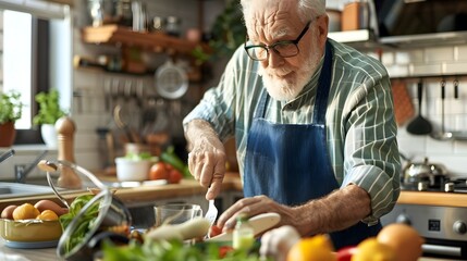 Senior Man Cooking Independently with Adaptive Kitchen Utensils at Home