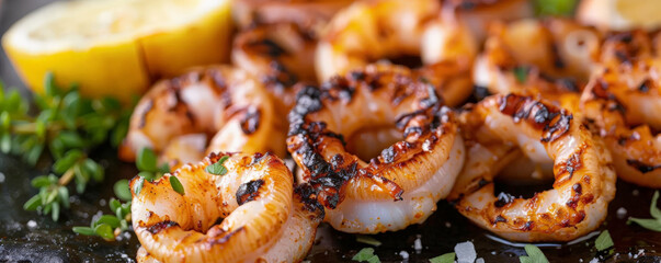 Grilled calamari rings with char marks, with lemon wedges and herbs.