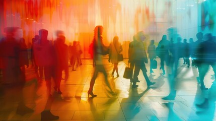 dynamic composite image of diverse business professionals in motion overlapping silhouettes creating sense of energy and collaboration in corporate setting