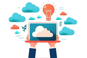 Hands holding a laptop with a cloud icon and a lightbulb representing innovation and cloud computing.