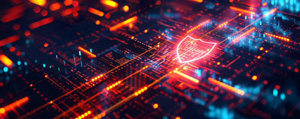 Obraz premium Futuristic cyber security background with a 3D shield icon, encrypted data patterns, and glowing data streams.