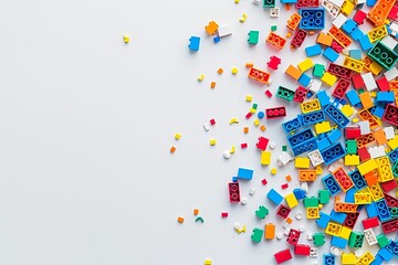 Top View of Colorful Bricks Scattered on White Background, Symbolizing Creativity and Building Skills in an Abstract Style