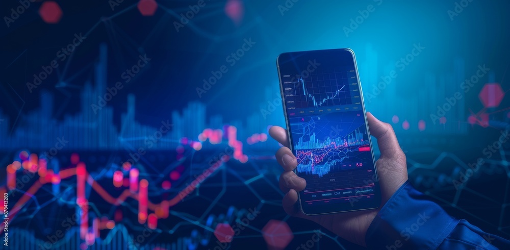Poster person analyzing stock market data on mobile phone with charts and graphs in the background