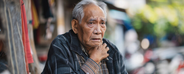 Fototapeta premium An elderly man stands on a busy street in southeast asia