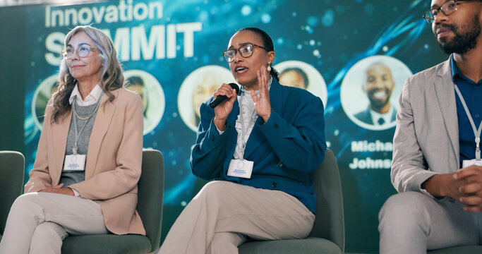 Stage, woman and presenter at seminar as event host, panel discussion or guest with microphone. Summit, public speaking and person with speech at conference for innovation in technology at workshop - Powered by Adobe
