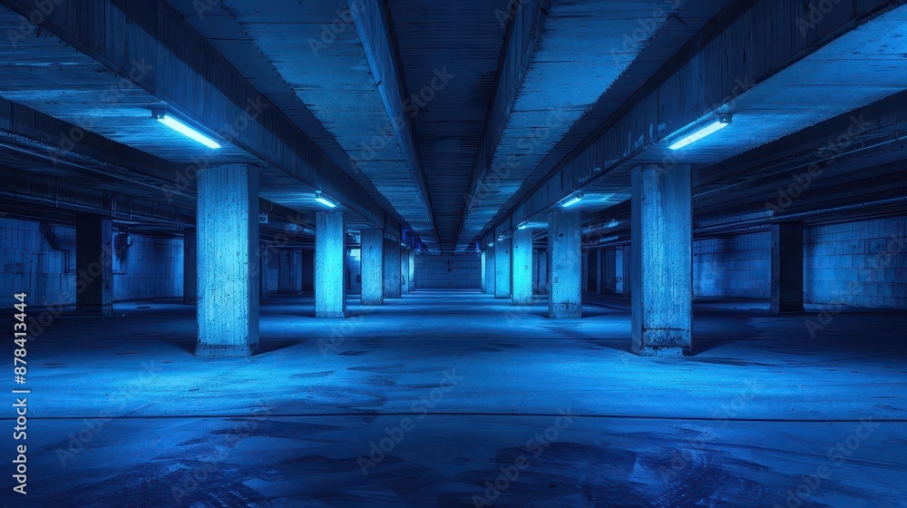 Poster eerie subterranean parking lot bathed in cool blue light concrete pillars cast long shadows creating