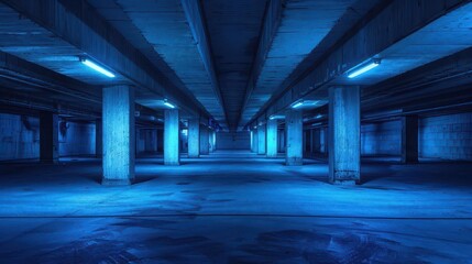 Fototapeta premium eerie subterranean parking lot bathed in cool blue light concrete pillars cast long shadows creating a labyrinth of negative space empty spaces await mysterious occupants