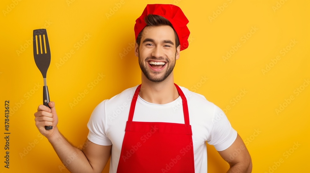 Poster a man in a red apron and a red chef hat is holding a spatula. he is smiling and he is happy