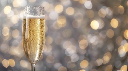 elegant champagne flute filled with sparkling golden liquid set against a shimmering silver background delicate bubbles rise catching the light and creating a festive hightech atmosphere