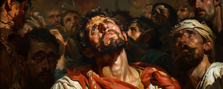The martyrdom of Stephen with him looking up to heaven and seeing Jesus at the right hand of God. The angry crowd surrounds him, but his face shines with peace.