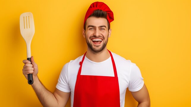 A man in a red apron holding a wooden spatula. He is smiling and he is happy