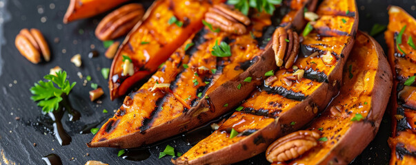 Grilled sweet potato wedges with crispy edges, floating with a honey drizzle, garnished with a sprinkle of cinnamon and chopped pecans.