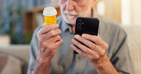 Pills, hands and elderly man with phone for healthcare website, information and research on medicine. Retirement home, telehealth and person with bottle for side effects, dosage or label instructions