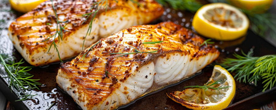 Grilled halibut fillets with crispy skin, with dill and lemon slices.