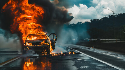 A blazing car on the interstate