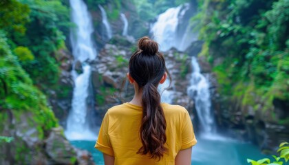 Naklejka premium Woman Observing Serene Waterfall in Lush Tropical Rainforest, Peaceful Scenery, Tranquil Nature, Relaxation, Serenity, Water Feature, Cascading Water, Tropical Paradise, Jungle Landscape, Adventure