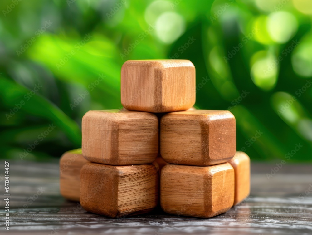Poster wooden blocks forming a pyramid symbolizing teamwork, collaboration, and unity in design, a powerful