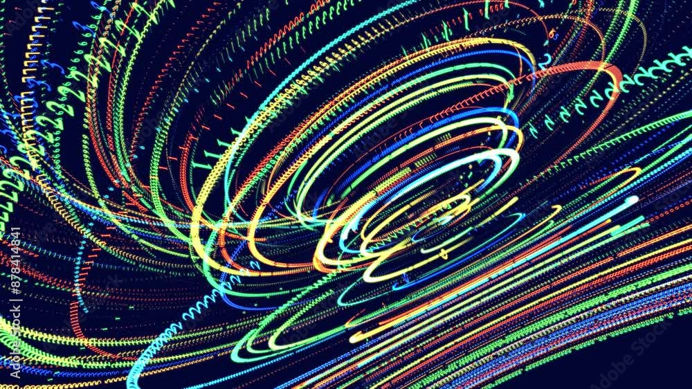 Poster symbols form lines, lines form rings grid. sci fi theme, information ai construction of digits. vj l