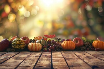 rustic wooden table with blurred thanksgiving themed background copy space for text digital illustration