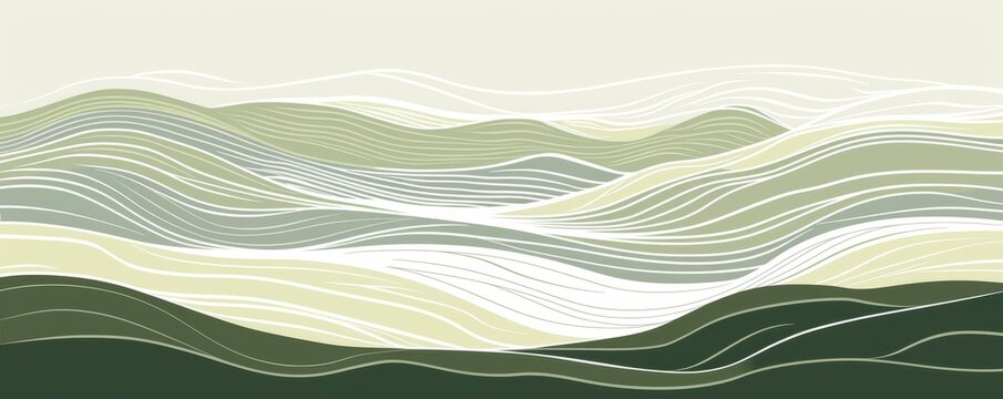 Abstract illustration of a green and beige rolling hills landscape, featuring flowing lines and a minimalist color palette