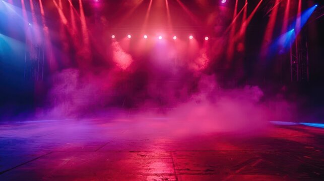 empty concert stage bathed in dramatic red and purple lights with smoke billowing across the floor creating an electrifying atmosphere highquality photo
