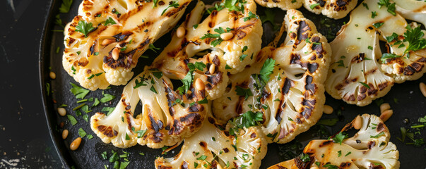 Grilled cauliflower steaks with crispy edges, with a tahini sauce drizzle, garnished with pine nuts and chopped parsley.