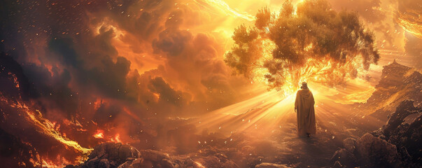 The burning bush with Moses standing in awe. The flames glow brightly but do not consume the bush, symbolizing God's divine presence.