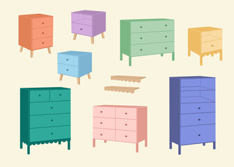 Set of trendy  of drawers in scandinavian style. Modern furniture. bedside table set. Vector. Furniture icon in flat design. Wooden textured dresser, commode. Cartoon house equipment for bedroom,
