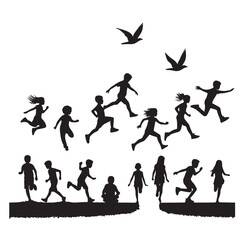 Little kids running silhouettes vector illustration