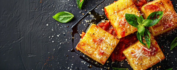 Grilled polenta slices with crispy edges, flying with a drizzle of marinara sauce, garnished with parmesan and basil leaves.