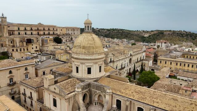 Drone view of Noto Cathedral (Cattedrale di San Nicolo), Sicily, Italy