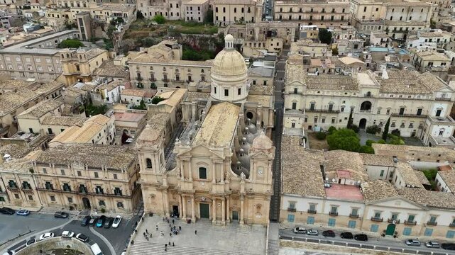 Aerial shot of Noto Cathedral (Cattedrale di San Nicolo), Sicily, Italy