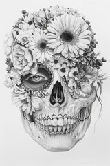 Fototapeta premium Intricate Graphite Sketch of Textured Sugar Skull Face with Floral Details