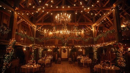 Beautifully decorated rustic wedding venue with elegant chandeliers, fairy lights, and floral arrangements creating a romantic ambiance.