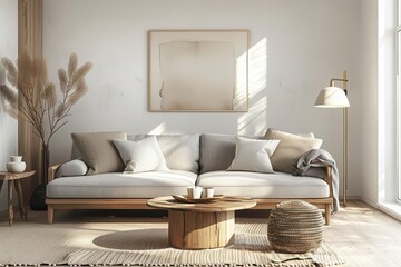 scandinavianinspired living room with warm wood accents minimalist decor and soft textiles centered around a cozy sofa and artisanal coffee table