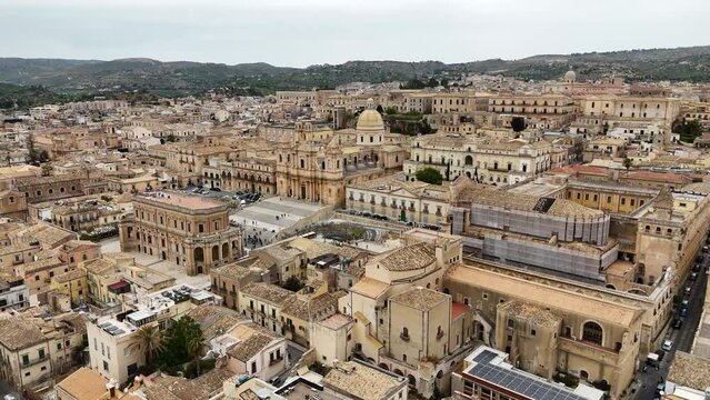 Aerial shot of Noto city center on Sicily island in Italy
