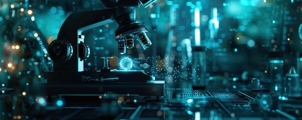 A microscope is shown with a glowing object inside of it. The image has a futuristic and scientific feel to it